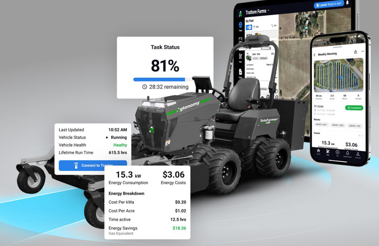 a tractor with screenshots of the telefarmer app surrounding it.