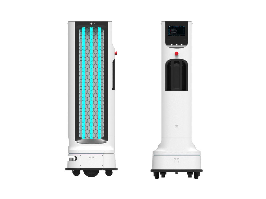 Side and front view of the LG UV Disinfection Robot
