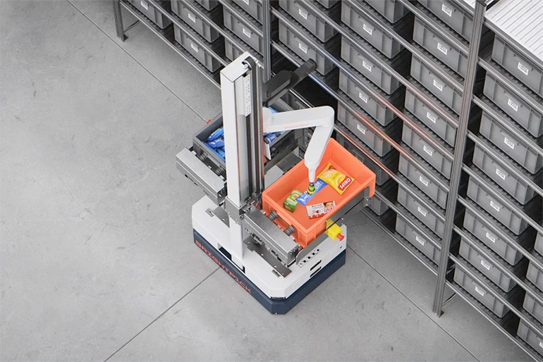 brightpick autopicker mobile robot in a warehouse aisle