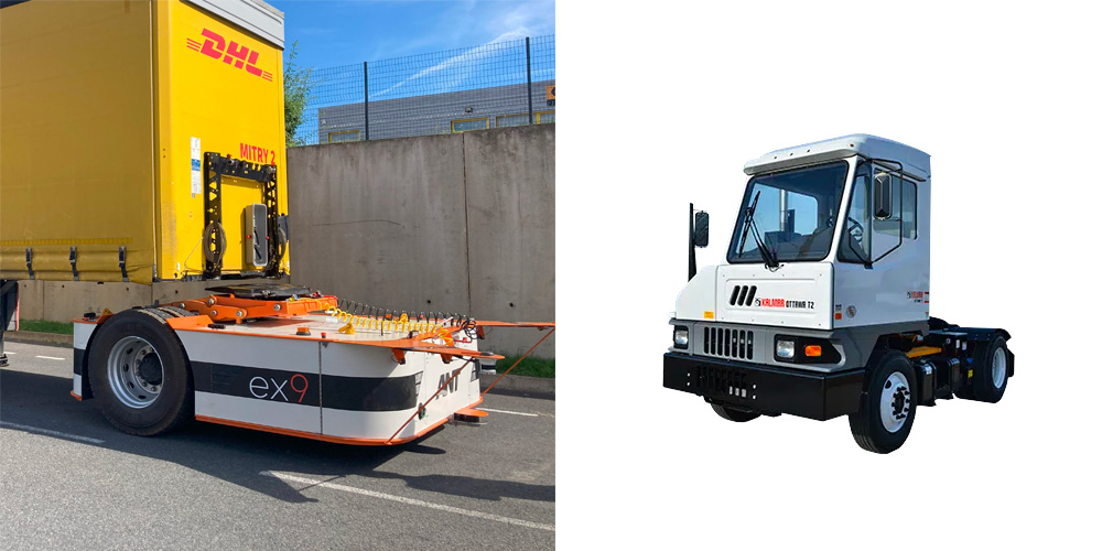 image of the EX9 robot side by side with the image of a typical, diesel yard truck.
