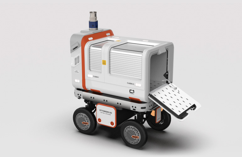 ottonomy yeti autonomous mobile robot with its rear cargo hatch open. 