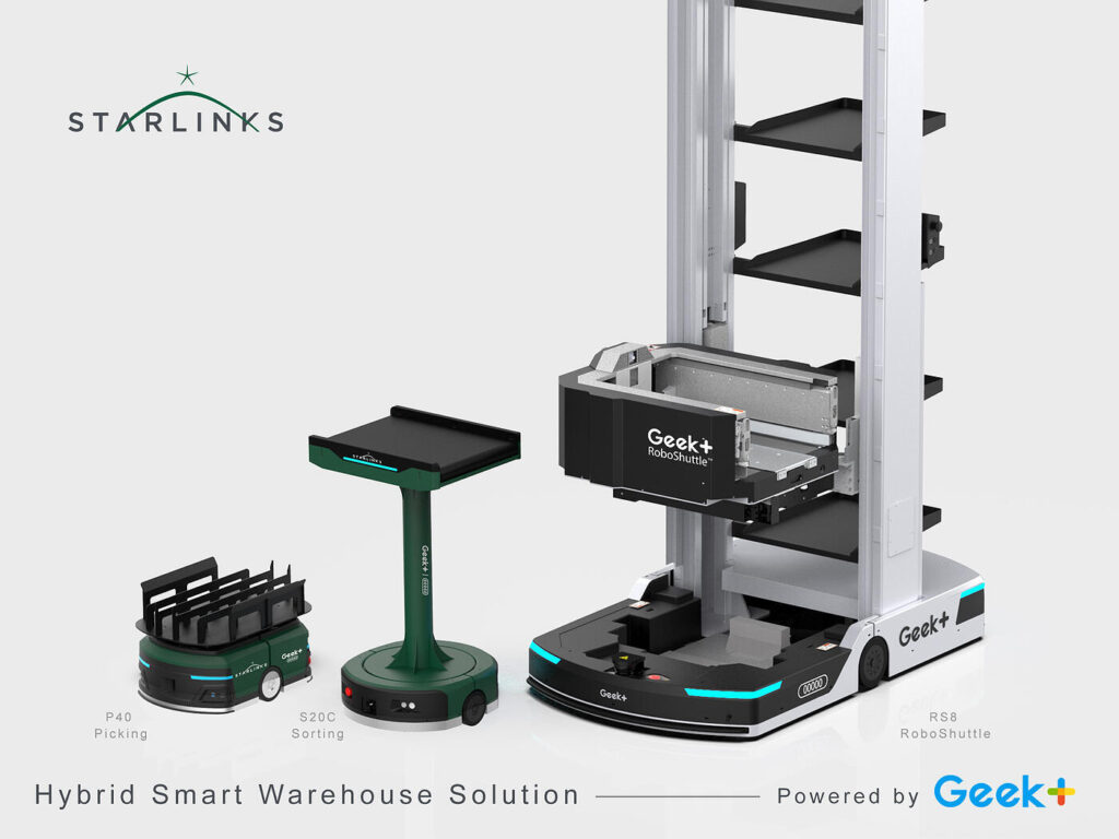 Three Geek+ mobile robots. 