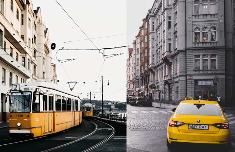 train and a taxi on the street