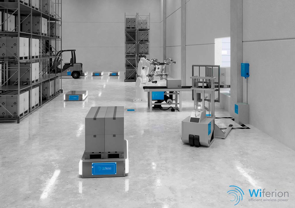 wiferion-warehouse-web Warehouse with different AMRs and a single Wiferion charging station