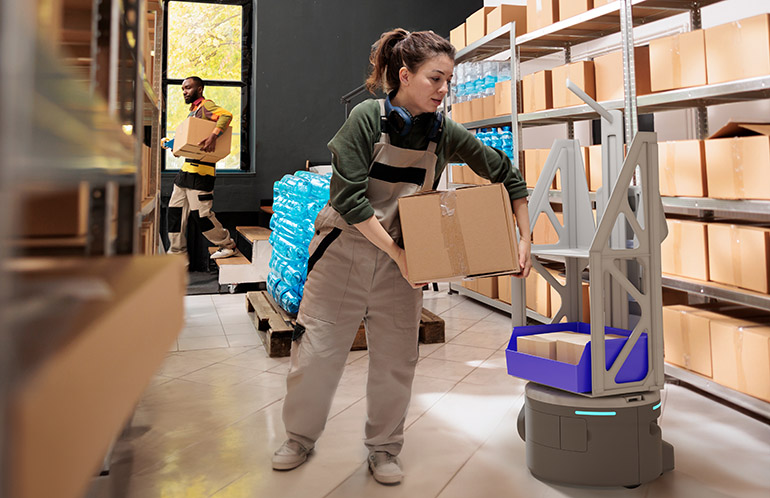 United Robotics Group uLink mobile robot with warehouse cart concept.
