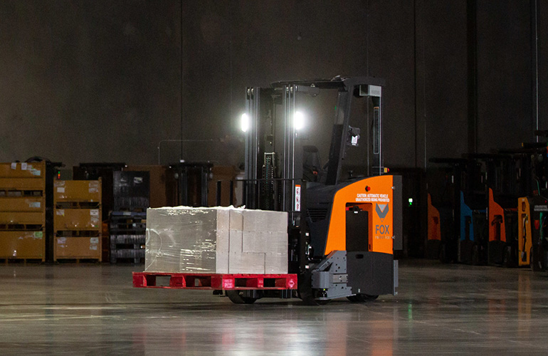 Fox Robotics' FoxBot autonomous forklift is equipped with a suite of safety-certified, off-the-shelf sensors and proprietary firmware to enable precise navigation. 