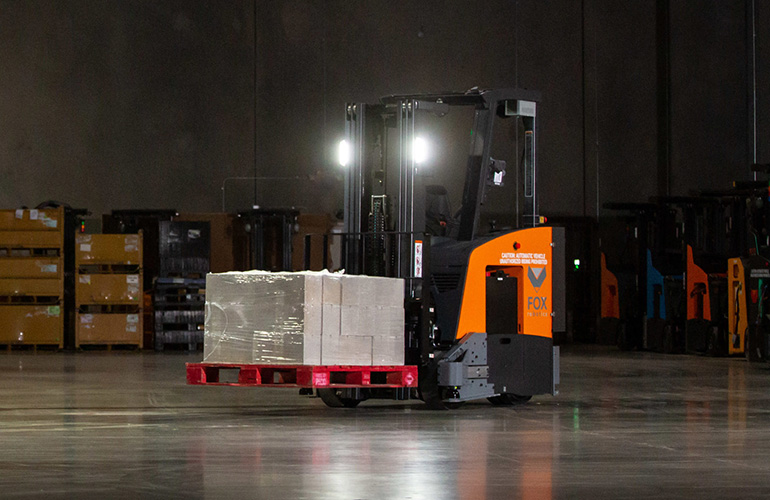 Fox Robotics' autonomous lift truck, called FoxBot, is based on a standard, 3-wheeled counterbalance electric forklift. The company equips it with a suite of safety-certified, off-the-shelf sensors and proprietary firmware to enable precise navigation and pallet-picking capabilities.