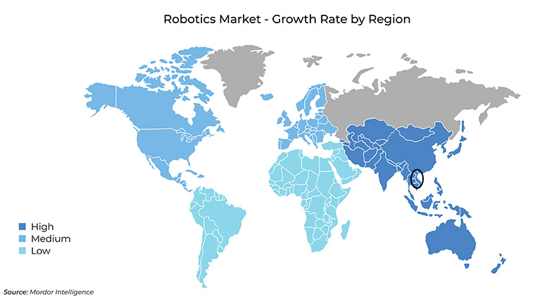 A map showing Asia-Pacific as the fastest-growing market for robotics, according to Mordor Intelligence.