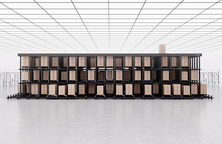 illustration of the Mytra storage array with three floors of pallet storage.