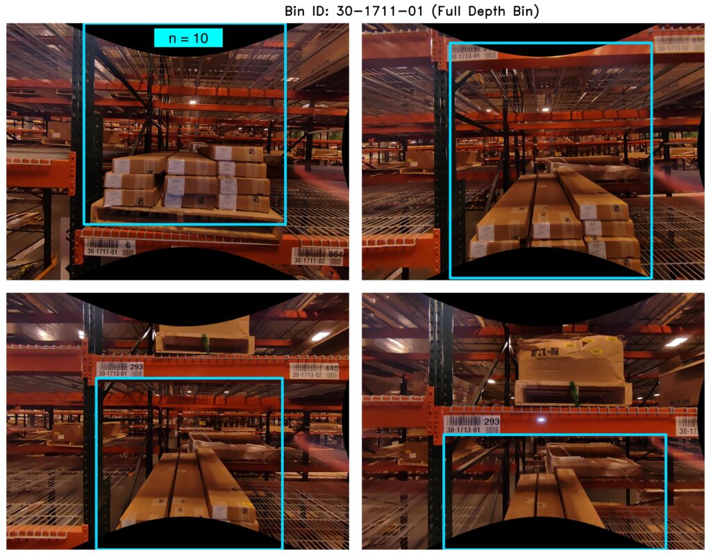 Four images showing a drone's view when scanning inventory, it shows long boxes on an orange rack with a blue square around the boxes.