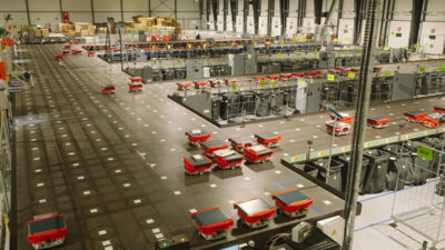 An image of Mondial's distribution facility with Addverb's Zippy autonomous sorting robots at work.