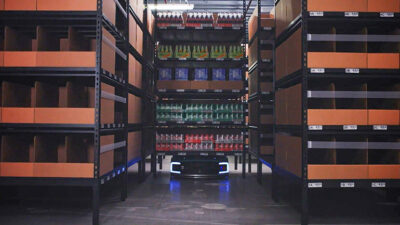 Geek plus robot carries shelf of product through a warehouse.