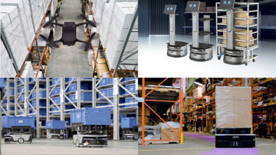 Four images representing some of the top automated warehouse stories in november. A black Nokia drone flying above shelving in a warehouse, two tall AMRs and one with racking, small AMRs carrying blue totes, and a large AMR with a pallet on it.