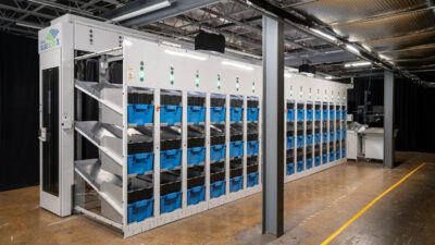 An OPEX Sure Sort X system, which looks like rows of racking with bins that can move as needed.