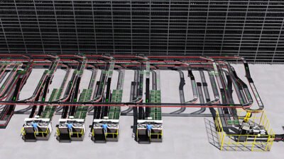 A bird's eye rendering of TGW Logsitics' FlashPick system, which shows four picking stations and a series of conveyors feeding items to the picking stations.