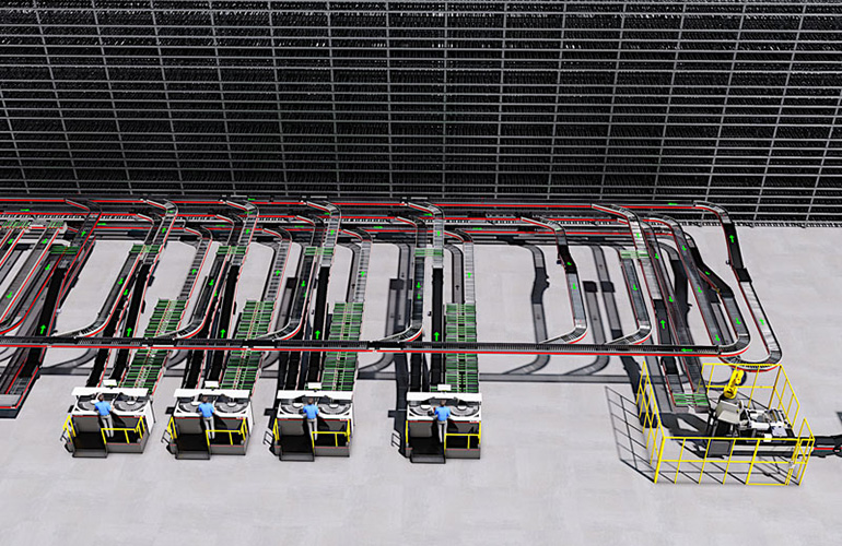 A bird's eye rendering of TGW Logsitics' FlashPick system, which shows four picking stations and a series of conveyors feeding items to the picking stations.