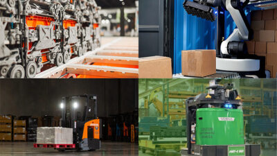 Four images representing the some of the top stories on Automated Warehouse this year. They include an image of Ocado's orange ASRS robots, Boston Dynamics' Stretch robot, a pallet lifting robot from Fox Robotics, and a pallet lifting robot from Vecna Robotics.