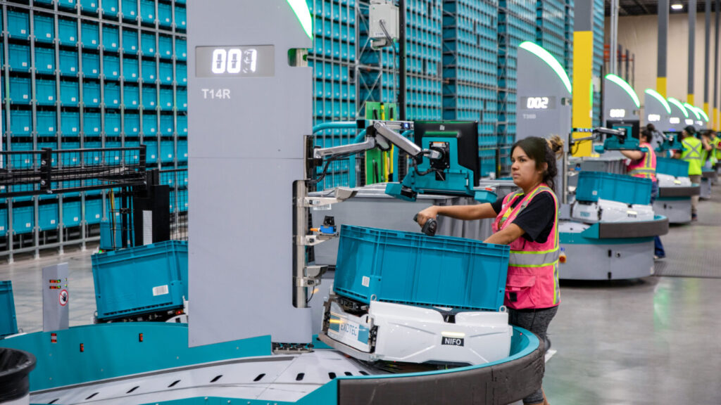 Exotec's Skypod system, shown here, includes modular storage and mobile robots to reduce warehouse worker strain.