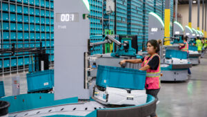 Exotec's Skypod system, shown here, has combined modular storage and mobile robots to reduce warehouse worker strain.