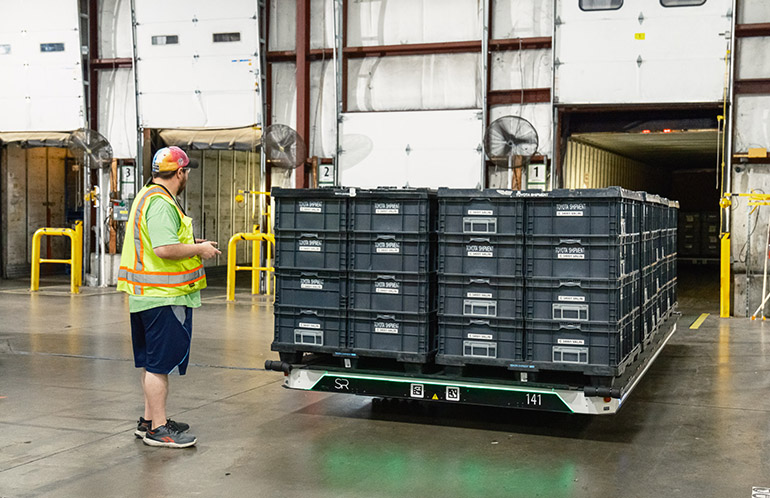 SlipBot from Slip Robotics automates trailer loading and unloading at Valeo's facility in Seymour, Ind.