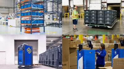 Four images representing some of the top stories on Automated Warehouse in December. They include: an orange Mecalux AMR lifting a shelf, Slip Robotics' SlipBot moving boxes at a Valeo facility, Hy-Tek's A-MATE Counter, and an employee in blue interacting with a Locus AMR.