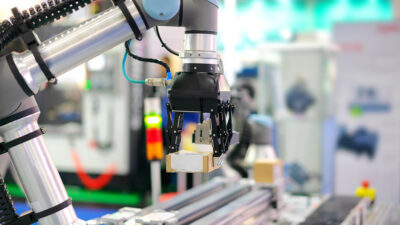 A robotic arm picking up a box in a warehouse setting.