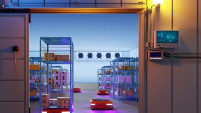 Orange AMRs carrying racks out of a cold storage area in a warehouse.