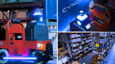 Cyngn's MT160 tugger in three different warehouse scenarios.