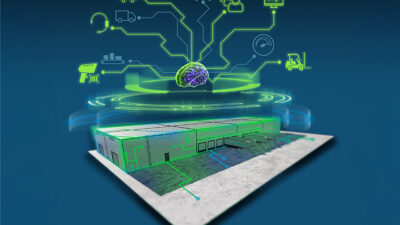 Lucas Systems' Dynamic Work Optimization, represented in this graphic of a central brain, is designed to reduce worker travel time in the warehouse.