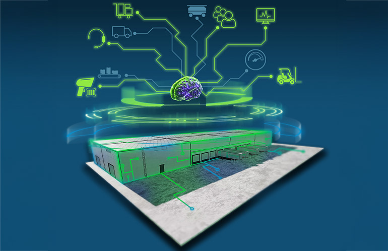 Lucas Systems' Dynamic Work Optimization, represented in this graphic of a central brain, is designed to reduce worker travel time in the warehouse.