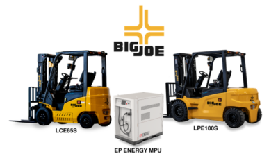 The LCE65S and LPE100S, shown here with the Mobile Power Unit, are designed to replace IC-powered lift trucks, says Big Joe Forklifts.