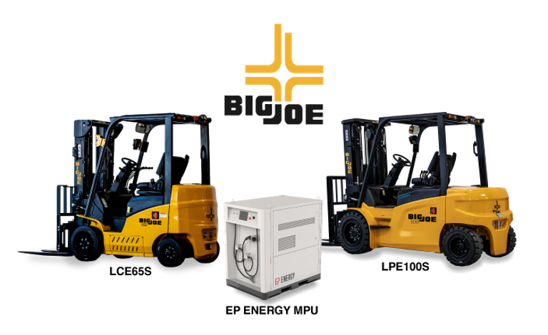 The LCE65S and LPE100S, shown here with the Mobile Power Unit, are designed to replace IC-powered lift trucks, says Big Joe Forklifts.