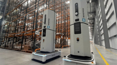 The DexoryView Optimisation module uses inventory data collected by mobile robots, shown here in a warehouse.