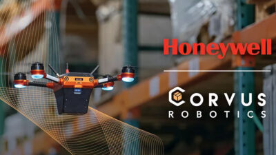 A Corvus drone conducts inventory, soon to be enabled with Honeywell software.