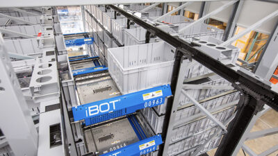 The iBOT robots move goods in the configurable Infinity ASRS, says OPEX Corp.