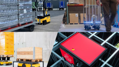 Four robots that will be featured at ProMat: Master Mover's TOW 300 AGV, Piaggio Fast Forward's kilo, AMRs from Dematic, and the AutoStore ASRS.
