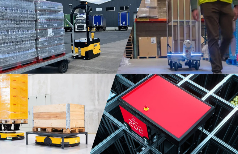 Four robots that will be featured at ProMat: Master Mover's TOW 300 AGV, Piaggio Fast Forward's kilo, AMRs from Dematic, and the AutoStore ASRS.