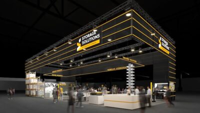 The Storage Solutions booth at ProMat, rendered here, shows its rebranded to reflect its growth and ongoing customer support.