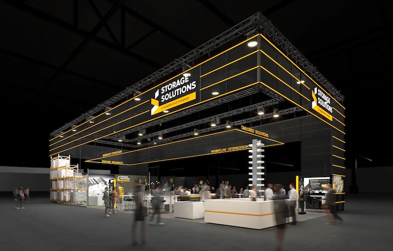The Storage Solutions booth at ProMat, rendered here, shows its rebranded to reflect its growth and ongoing customer support.