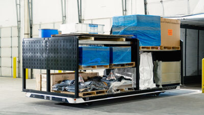 The SlipBot+Rack attachment, shown here, is designed to transform non-stackable freight into stackable units, according to Slip Robotics.