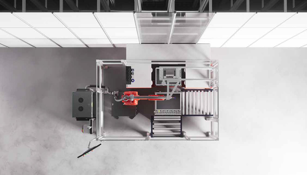 Overhead view of the autostore carouselAI cell showing the ASRS port, picking robot and infeed/outfeed conveyor