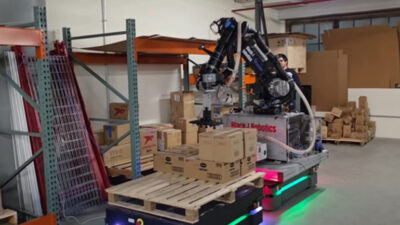 Black-I Robotics' mobile manipulator robot at MassRobotics.