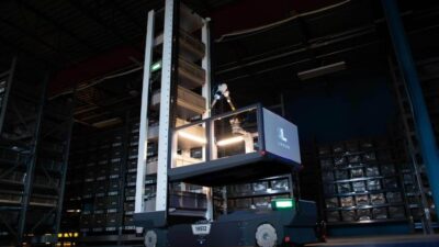 Array, shown here, uses a LocusBot designed to pick from and to bins from warehouse shelving, says Locus Robotics.