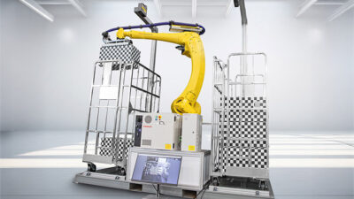 The new R-50iA robot controller powers the six-axis M-710iD/50M robot featuring a 50kg payload and curved J2 arm. In this demo, an AI-driven iPC enables palletizing and depalletizing from two caged carts in challenging lighting conditions.