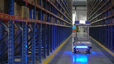 The MiR100 AMR making its way down an aisle in a warehouse setting. The robot will comply with the VDA 5050 interoperability standard.