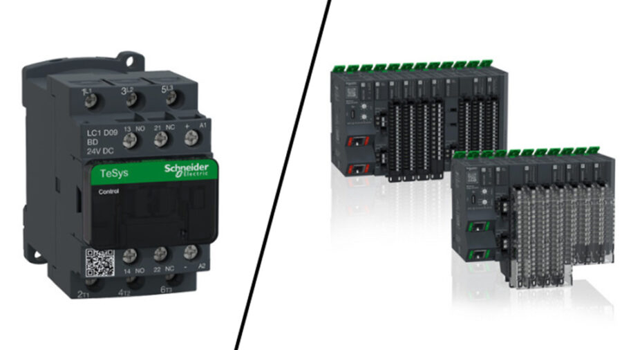On the left, Schneider Electric's TeSys Deca Advanced contactor, and on the right, the Modicon Edge I/O NTS.