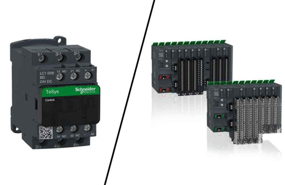 On the left, Schneider Electric's TeSys Deca Advanced contactor, and on the right, the Modicon Edge I/O NTS.