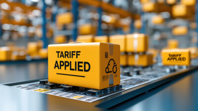 Boxes marked "Tariff Applied" on a conveyor belt. Tariffs pose challenges to supply chains, but software and automation can help supply chains adapt, says Infios.