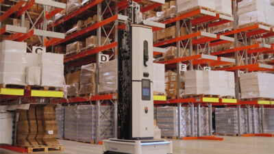 An autonomous inventory robot from Dexory. Telefónica Tech and Dexory said their service will reduce inventory errors, speed investigation of problems, and ensure greater security for employees.
