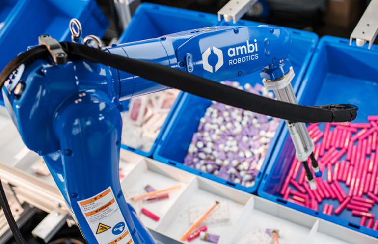 Ambi, ABB, and Plus One executives will discuss how AI advances robotic picking in this free webinar. The AmbiPick system is shown here.